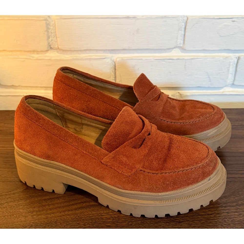 Patina Womens Rust‎ Orange Suede Lug Sole Platform Penny Loafers •7• Preppy 90s